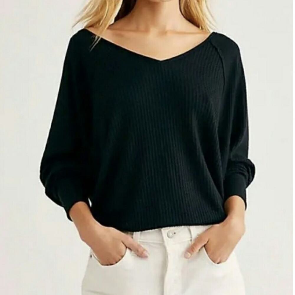 Free People Santa Clara Thermal Top Shirt Black Slouchy V-Neck L New